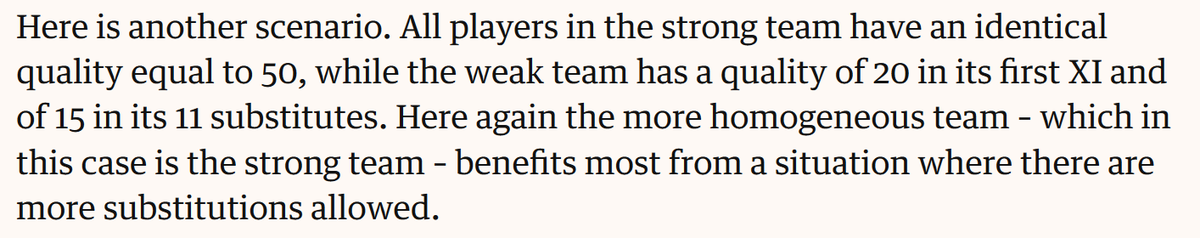It all depends on the relative quality of "starters" versus "subs" in big versus small teams: (3/.