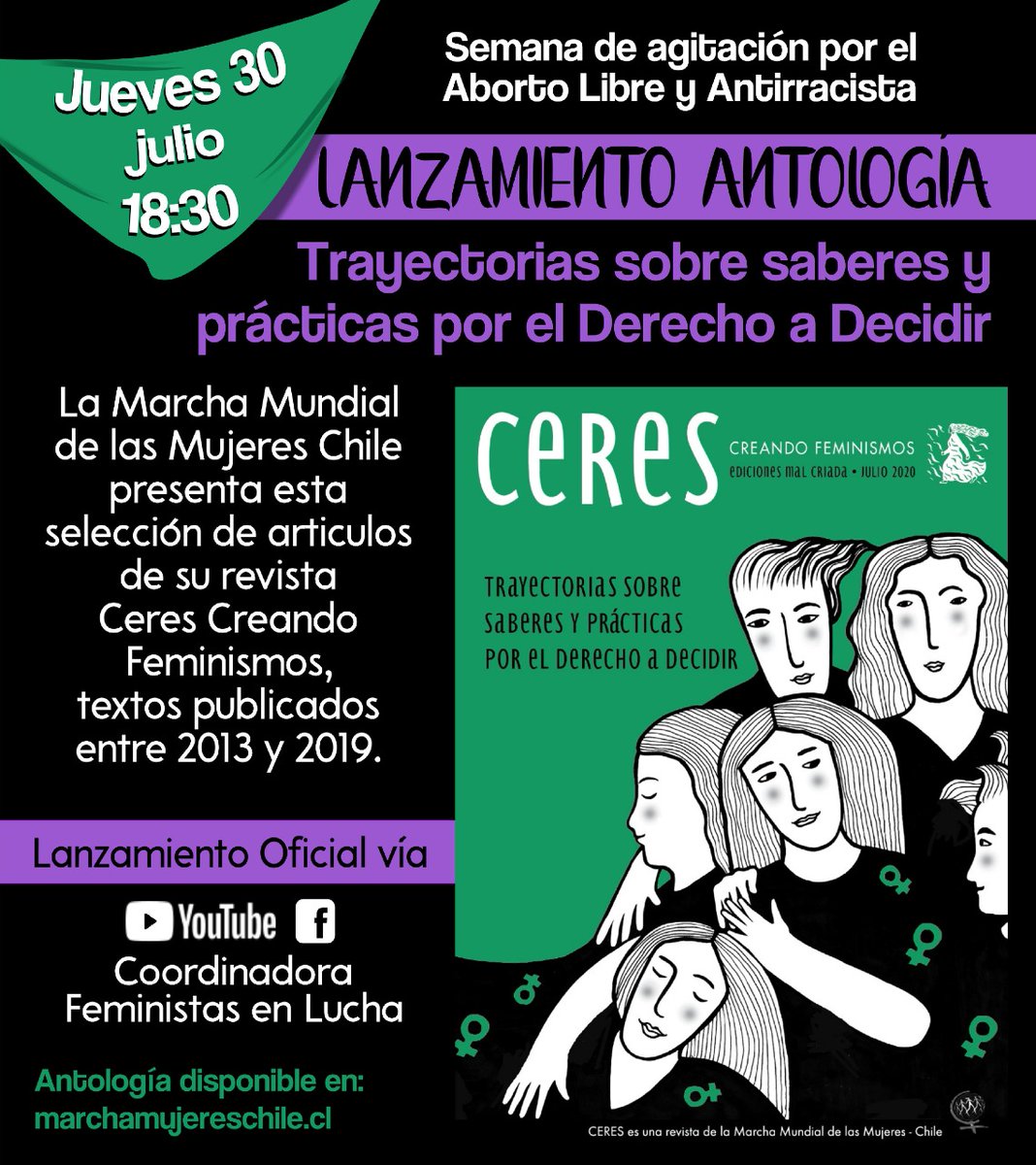 MesaAborto_CL's tweet photo. 📗💚 En el marco de la octava marcha antirracista por el aborto libre, @MMMChile lanza su antología "Trayectorias sobre saberes y prácticas por el derecho a decidir" que recoge una serie de artículos y reflexiones sobre la experiencia política de la lucha por el aborto en Chile. https://t.co/CcD4sbLVVC