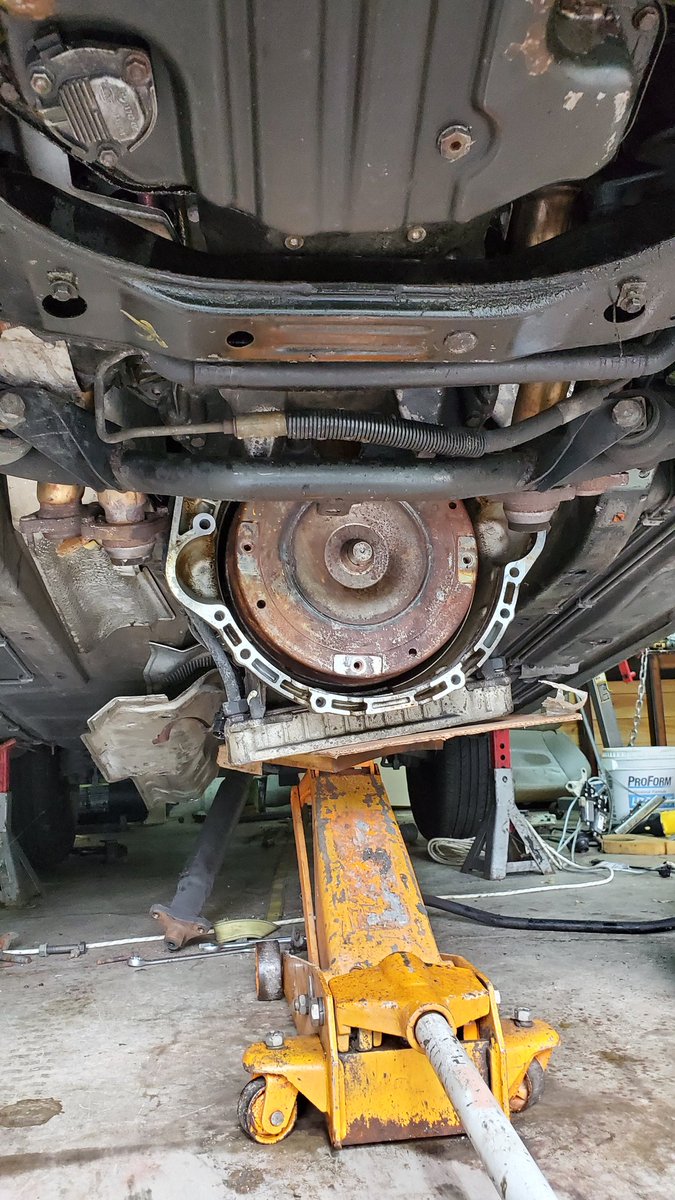This morning: Transmission in, driveshaft connected, heatshield reattached, exhaust hung back upGot business to do this afternoon so wiring/starting will have to wait until tomorrow.