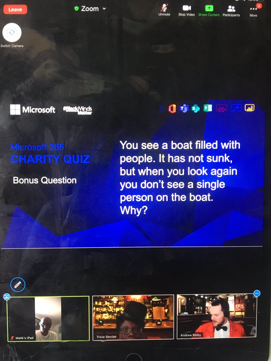 Was invited to present <a href="/blackmindsmatt/">Blackmindsmatterofficial</a> and have stayed for the Quiz. What a warm, generous and funny community you all are <a href="/tassyja/">Tricia Sinclair</a> #Microsoft365 #Dynamics365 #BlackLivesMatter