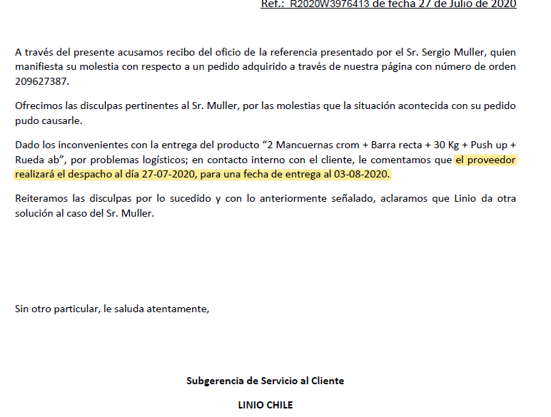 sergmuller's tweet photo. Al @SERNAC le informan que que me entragaran mis productos pendientes el 3 de agosto y a mi @LinioChile  me agendan venir a retirar el mismo día las parte del pedido entregada sin informar medio ni fecha de devolución de lo pagado https://t.co/EP9pp1wBhf