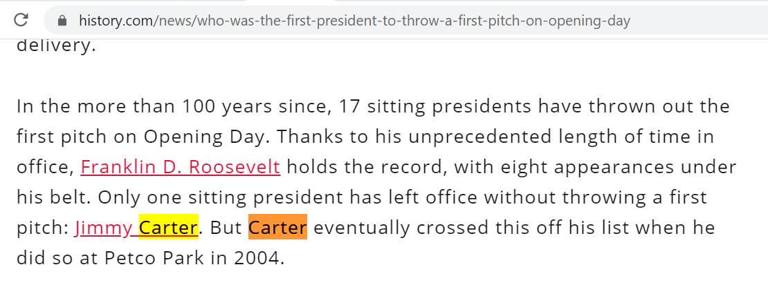 Seemingly fewer outlets (NYT, History Channel among them) have said the opposite: Jimmy Carter never threw a first pitch before an MLB game.(Side note: WaPo has reported it both ways, at one point citing Baseball Almanac, which also has it both ways.)