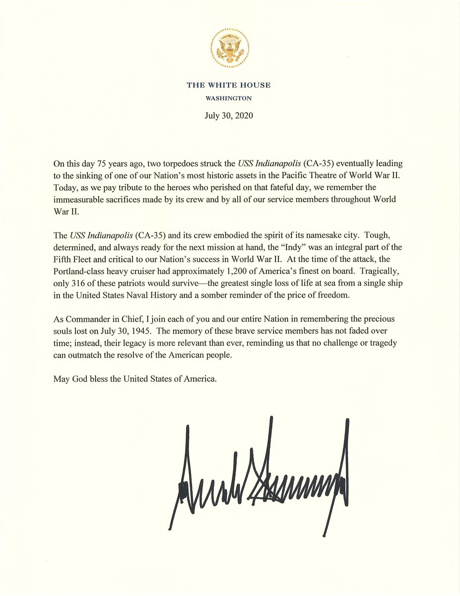 Letters from @POTUS @realDonaldTrump and @VP @Mike_Pence to the entire crew of USS Indianapolis (CA-35). We were so honored to share their messages with the Survivors today - Swipe through to read their kind words. #USSIndy