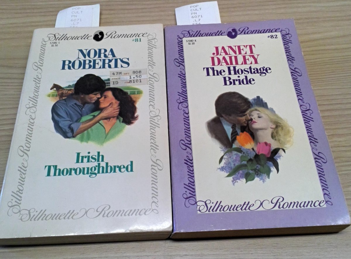 Silhouette eventually relented and added its familiar purple border in 1981. In a bit of  #RomanceHistory kismet, the last book with the old cover was Nora Roberts' first, Irish Thoroughbred, and the first with the purple was Janet Dailey's first for Silhouette, The Hostage Bride.