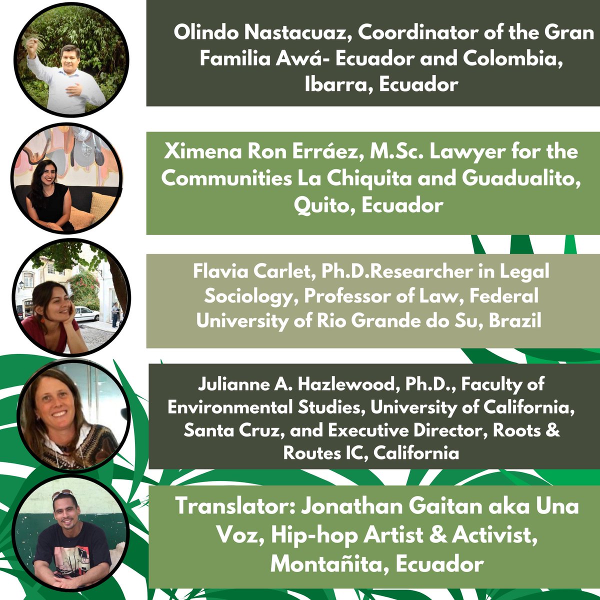Join us for a conversation this Friday (July 31) from 12-2 pm PST (2-4 pm EC) and meet the central actors in the La Chiquita Communities & Guadualito Lawsuit for Collective Rights and Rights of Nature! 
#rightsofnature #bipoclivesmatter