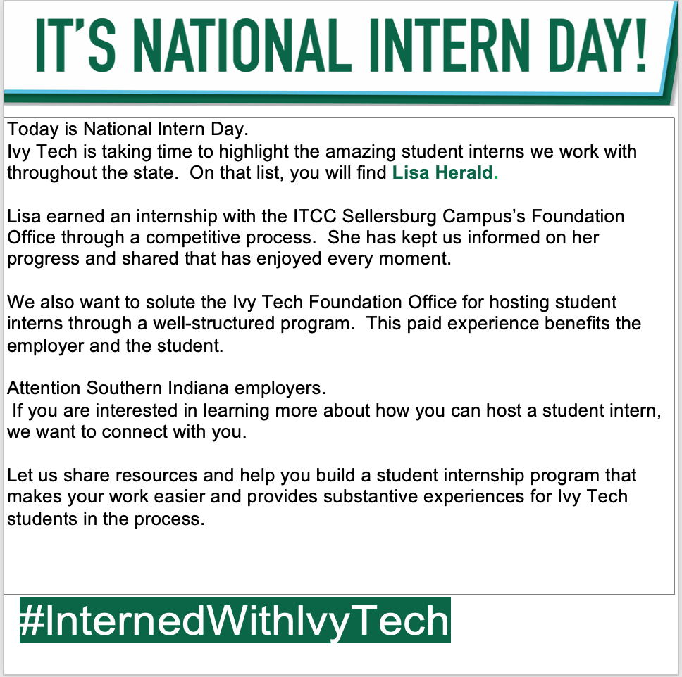 kacheyta's tweet photo. Excited to recognize Lisa Herald for National Intern Day
She interned with the @ivysellersburg Foundation Office.
Take a moment to learn more about her.
Lisa #InternedWithIvyTech https://t.co/6BKvHhz2wo
