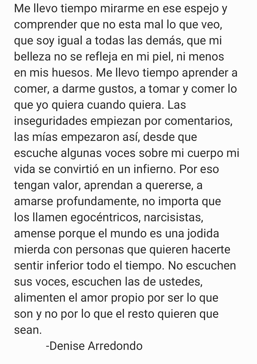 "Alimenten el amor propio por ser lo que son y no por lo que el resto quieren que sean." 💛