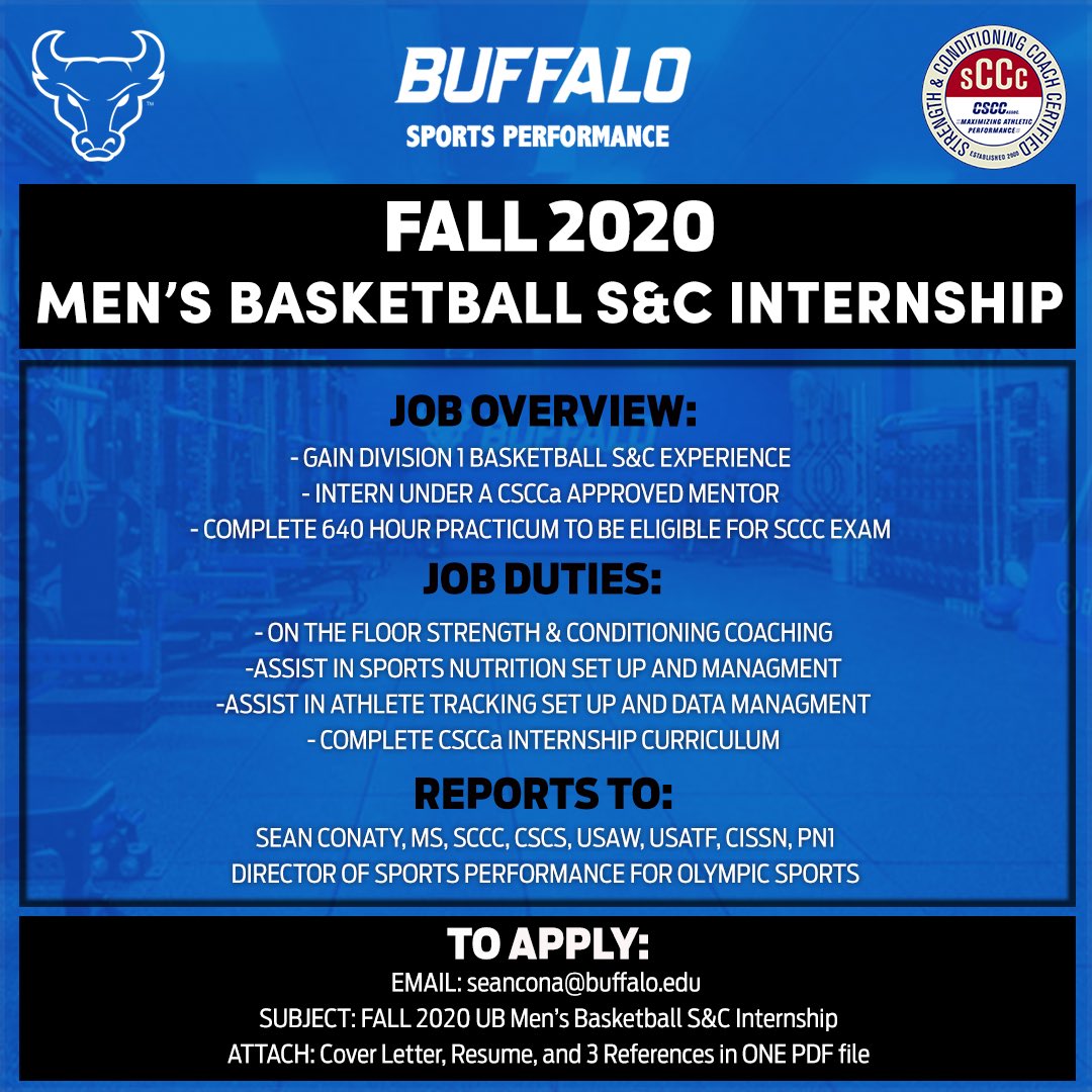 UB_Strength's tweet photo. 📍Aspiring S&amp;C Coaches: We are currently accepting applicants for TWO different FALL 2020 internship opportunities with UB Sports Performance! 🔵🤘🏻🏋🏼‍♂️ #UBhornsUP #CSCCa #NSCA https://t.co/Uu2RmwI7yE