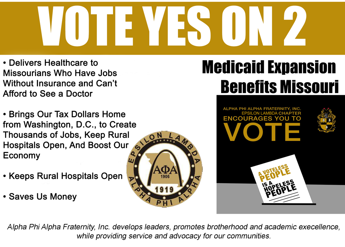 JermellHarris's tweet image. @STLAlphas @akagostl @SLADST1913 @YQ_Foundation 

August 4th is voting day. An important ballot issue, MO Amendment 2 is about Expanding Medicaid...helping to provide health equity. VOTE YES ON 2.

#AVotelessPeopleIsAHopelessPeople #EpsilonLambda