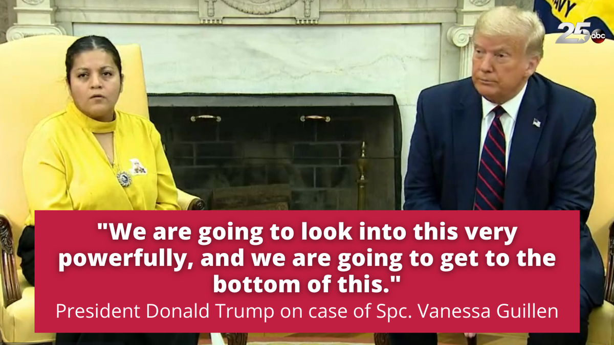25NewsKXXV's tweet photo. President Donald Trump has instructed the FBI and Department of Justice to look into the murder of Spc. Vanessa Guillen. During a meeting with the Guillen family, the president said they will get to the bottom of this. #JusticeForVanessaGuillen https://t.co/XIr14tXxOl