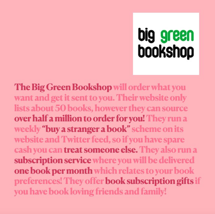  @Biggreenbooks will order what you want and get it sent to you. Their website only lists about 50 books, however they can source over half a million to order for you! They run a weekly “buy a stranger a book” scheme and a subscription service!