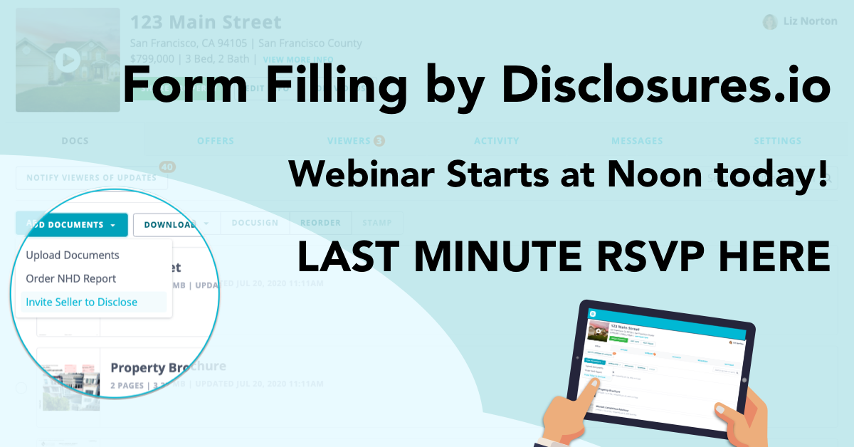 disclosuresio's tweet photo. Our Form Filling Webinar Starts at 12pm PST - RSVP soon.

With Form Filling, listing agents can send their client's seller disclosures right from the property package. 

Please join us! 
https://t.co/r9rrqtx1JU @sellersshield https://t.co/hycHbpNrpB