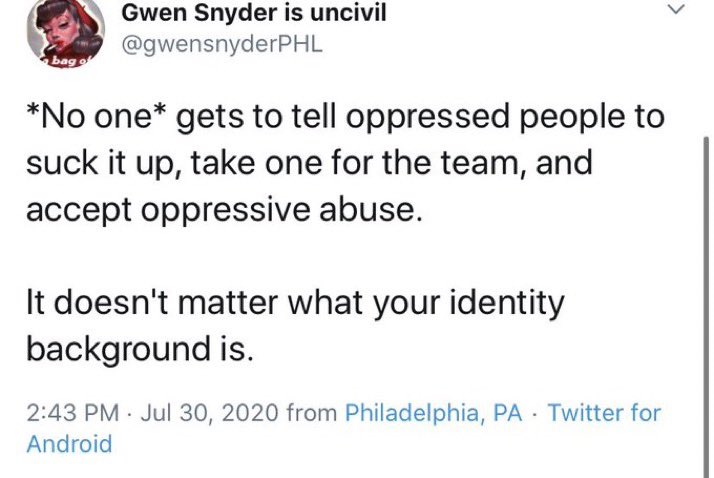 *No one* gets to disagree with me. It doesn’t matter what your identity or background is.