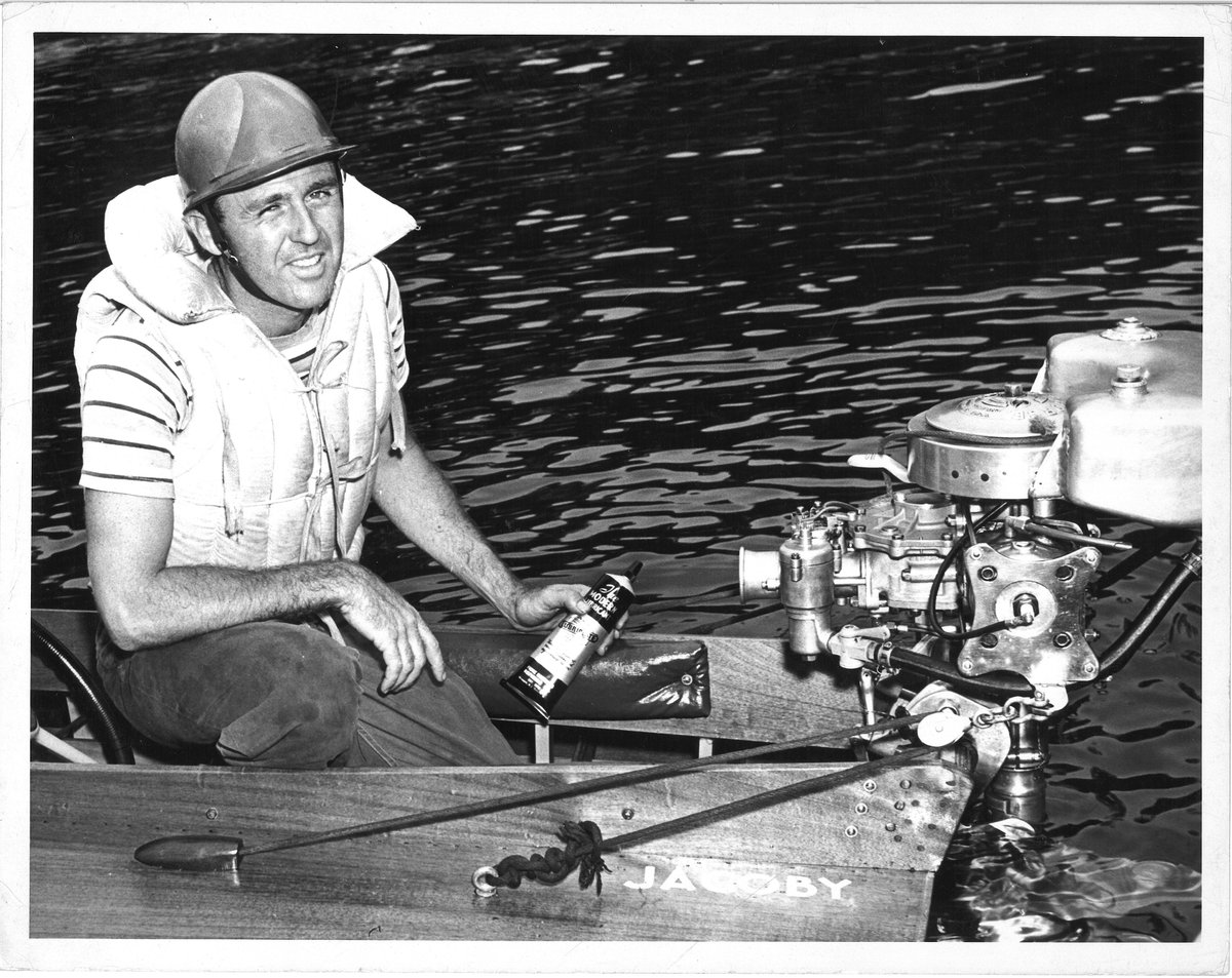 For #ThrowbackThursday this week, we have champion outboard racer, Vic Scott, with a tube of Lubriplate! 
Vic was one of our early sportsmen promoters, and his testimonials for the Lubriplate brand graced the pages of our ads in the 40s and 50s.