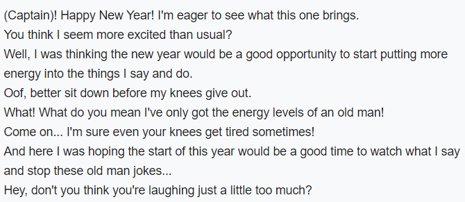 he also has... knee pain :) old man jokes are also pretty constant and in gbf that comes from a nickname a little girl he saved in his skill fate episode gave him. yes hes immature about getting teased like that. he is 25 yes but he acts both like an old man and a Baby