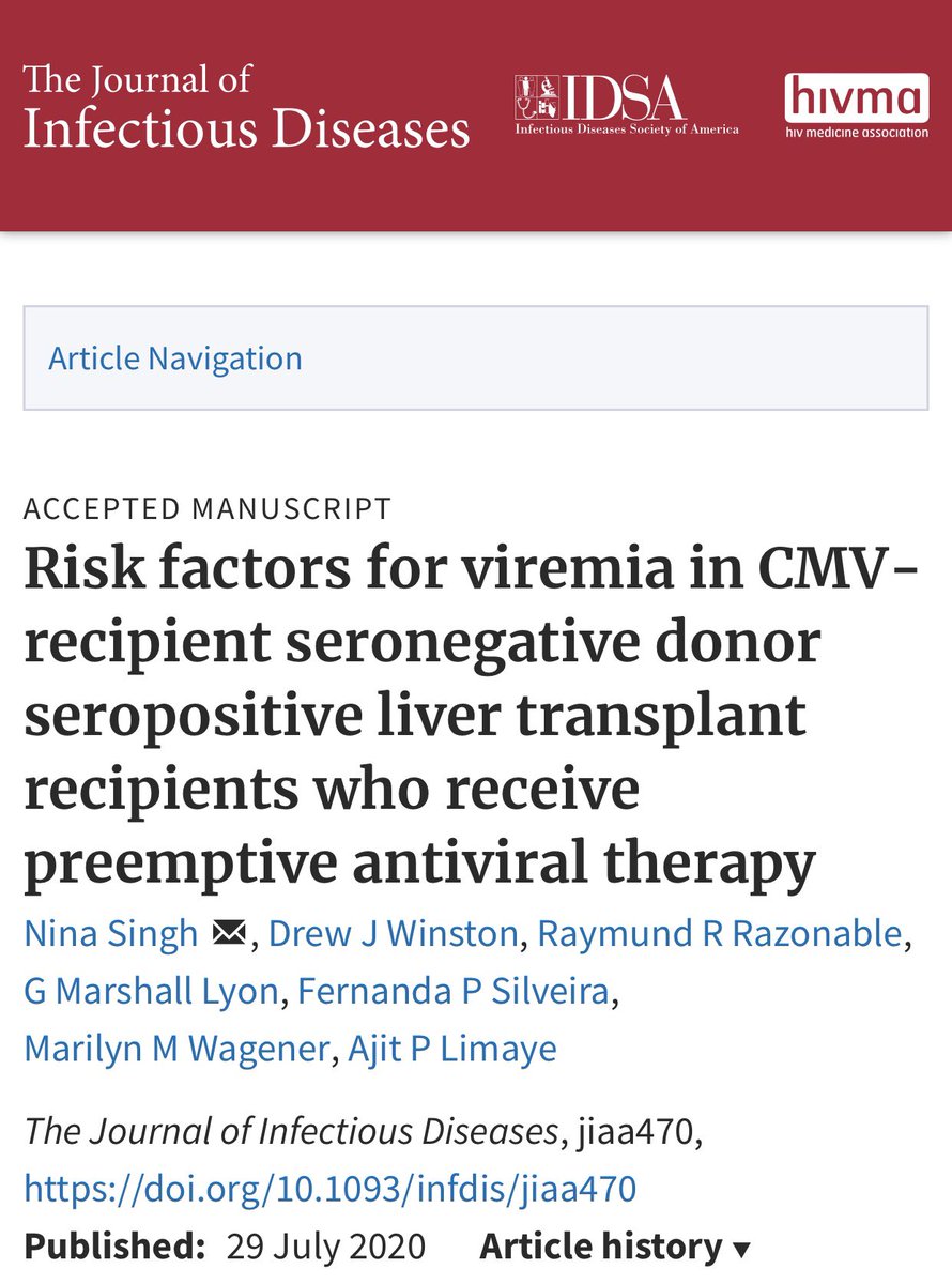 Older donor age is a major risk factor for primary #CMV infection in recipients after CMV D+/R- liver #transplantation 

Collaborative #TXID work @IDPittStop @MayoClinicINFD #EmoryID @UCLA_ID
#UWashingtonSeattle

doi.org/10.1093/infdis…
