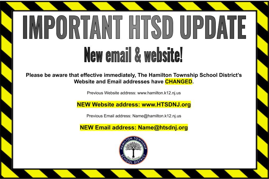 WeAreHTSD's tweet photo. IMPORTANT UPDATE - Please LIKE &amp; RETWEET
Thu., July 30, 2020

Our Email &amp; Website have CHANGED.
Previous Website address: https://t.co/S5dxa4z3rr
NEW Website address: https://t.co/lDONmPFf7y

Previous Email address: Name@hamilton.k12.nj.us
NEW Email address: Name@htsdnj.org
#HTSD https://t.co/3BDXxEMK0T