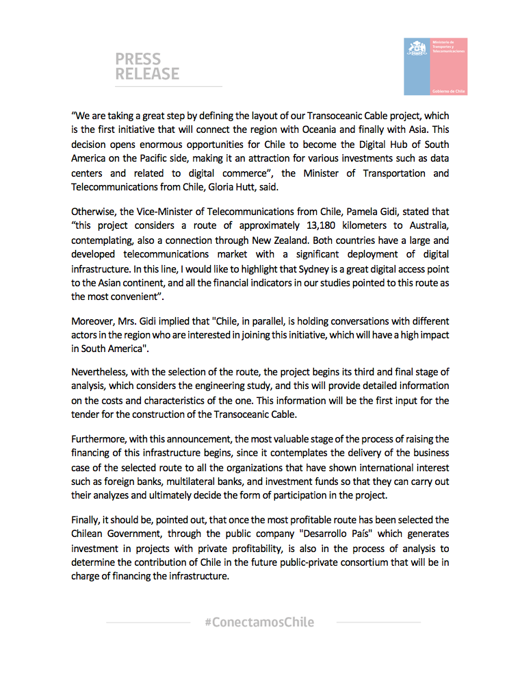 Great news for Australia-Chile relations 🇦🇺🇨🇱! Chile has chosen Australia as the landing point of the Transoceanic Cable, connecting Latam and the Indo-Pacific. Más cerca que nunca. Press release <a href="/MTTChile/">Ministerio de Transportes y Telecomunicaciones</a>  👇