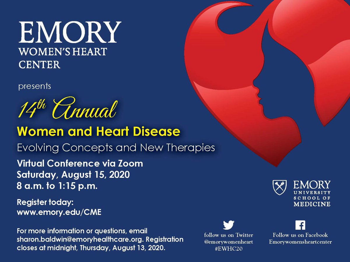Register now for the 14th Annual Women and Heart Disease Virtual Conference August 15, 2020. Speakers include @CarlosdelRio7 @gina_lundberg @KendraGrubb @modeldoc @BusseyJada Igho Ofotokun & Ijeoma Isiadinso. cmetracker.net/EMORY/Publishe…