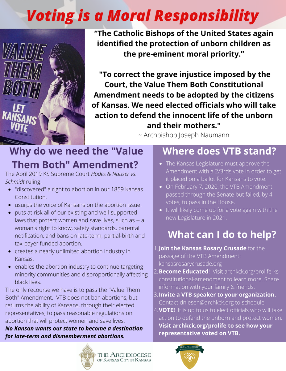 JP2KC's tweet photo. The 2020 Primary Election &amp; the “Value Them Both” Amendment Voting has begun for many primary elections in Kansas. As Catholics, we are called not simply to vote, but to be well-informed voters who in casting our ballots apply the moral principles and priorities of our Faith. https://t.co/dGbYpyKPd0
