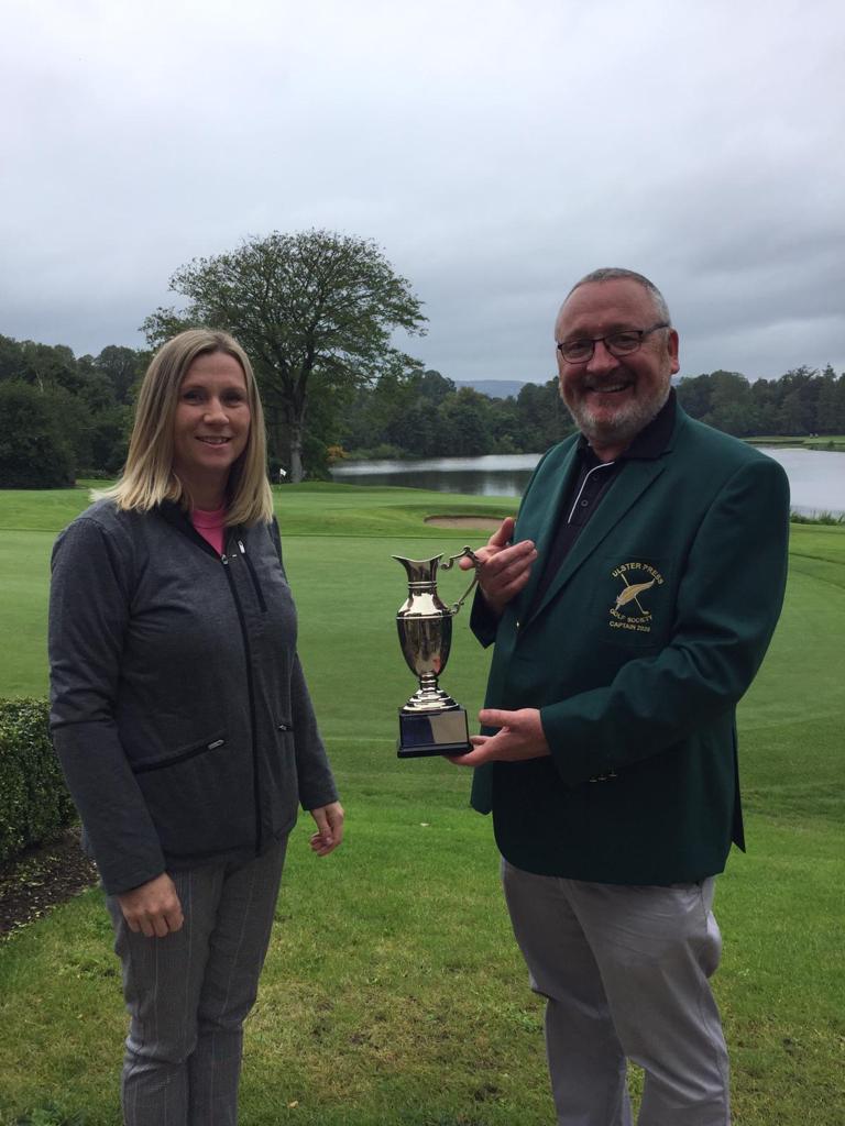 r_mulligan1's tweet photo. @Fionaohagan of sponsors Golfnow hands over the GolfNow Trophy to @UlsterPressGolf Captain James O’Leary ahead of the outing @MaloneGC https://t.co/Ce7OpJI4Fu