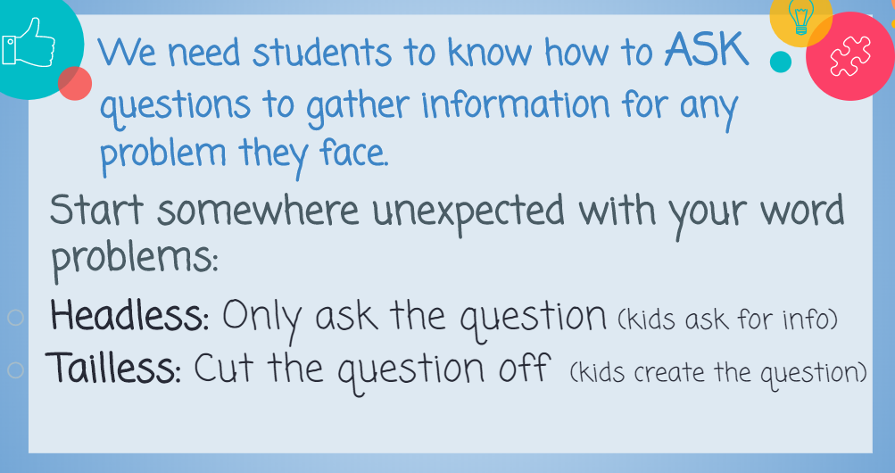 Scoothie_Math's tweet photo. We may already model how to ask questions for our students. Are we providing our students opportunities to ASK the questions? Quit giving them all the information they need and watch them begin to think more critically. @MCTM_MO @themathgirl #MoCTMchat https://t.co/58efI2gdUk