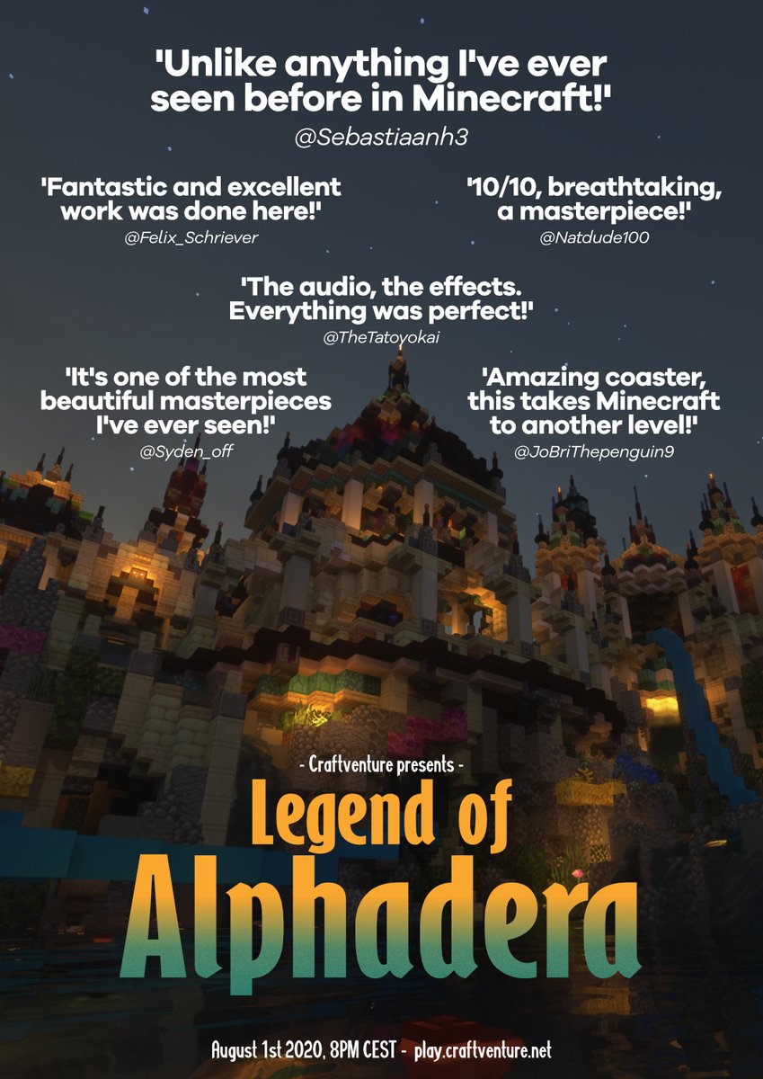 The first reviews of Legend of Alphadera are in, and they couldn't be better. We cannot wait to show the ride to you on August 1st, 2020 at 8PM CEST. Our VIP's can experience it tomorrow, July 31st, 2020 at 8PM CEST. #Craftventure #Atlantis