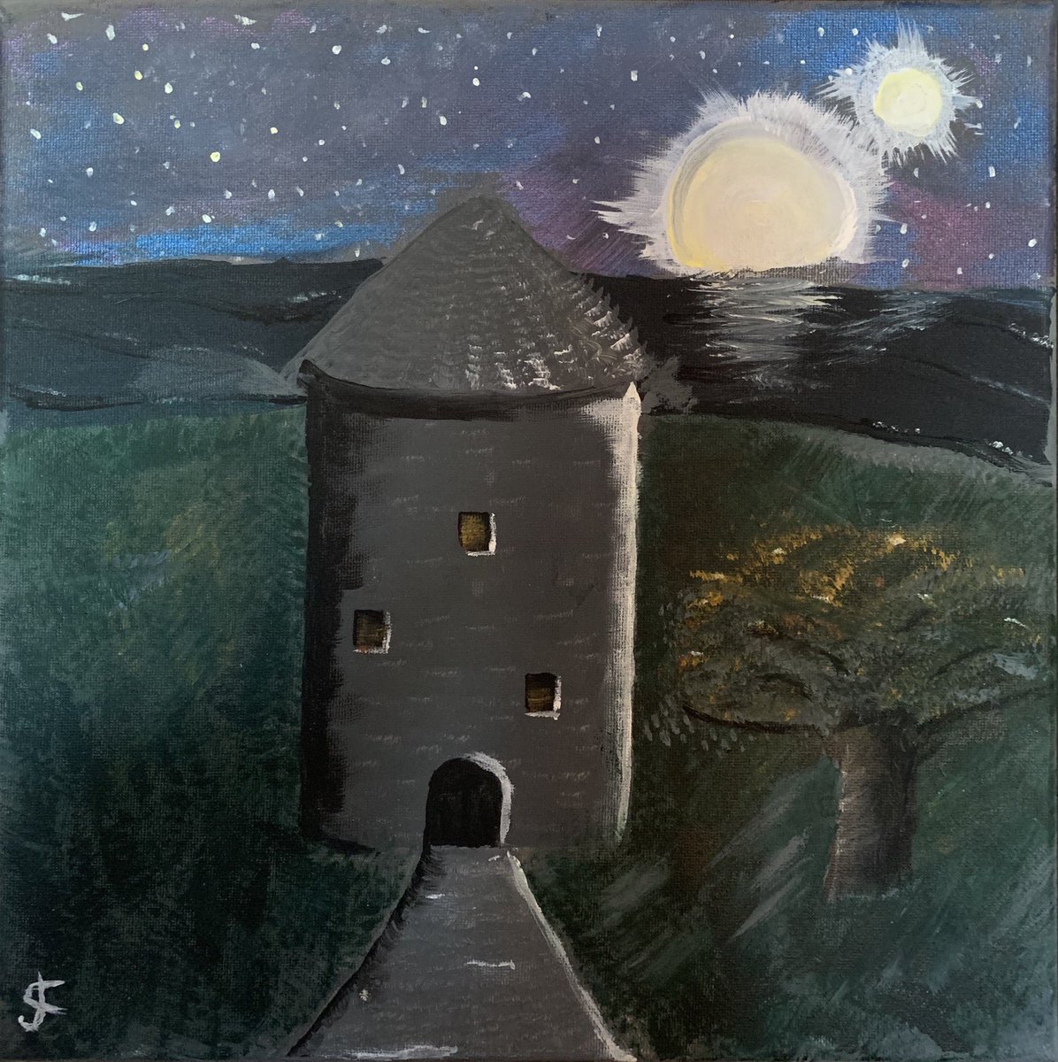 jsconnerauthor's tweet photo. Over the weekend I decided to try my hand at painting something from my #wip.  This is the university library from the #sff novel I #amwriting.  It sits on an island off the eastern coast of the main kingdom. https://t.co/r83eHw8hOI