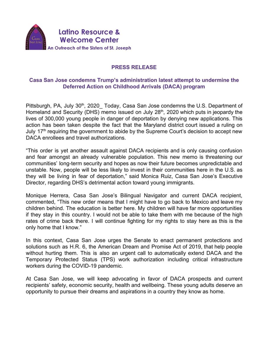 CasaSanJosePGH's tweet photo. Casa San Jose condemns Trump’s administration latest attempt to undermine the Deferred Action on Childhood Arrivals (#DACA) program. 

Read our statement here 👇🏻

#HomeIsHere #HereToStay #StandwithDreamers https://t.co/r22cloQD2D