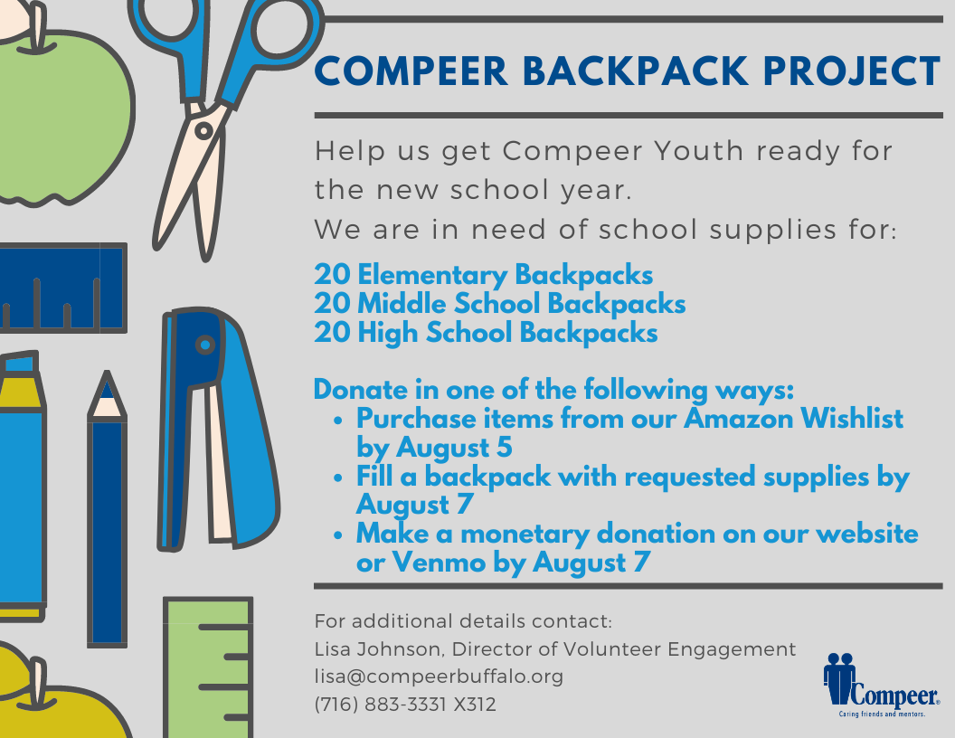 CompeerBuffalo's tweet photo. We're collecting school supplies for our youth! Help us make the transition to the new school year just a bit easier by donating supplies, making a monetary donation designated to the Backpack Project, or purchase requested items and drop off a stuffed backpack. https://t.co/AWLKa15LCK