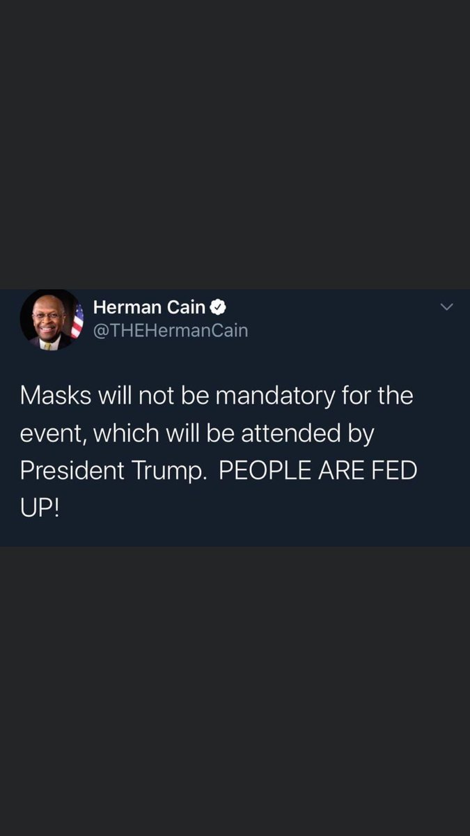 AReelCinemaHome's tweet photo. @johncardillo A high risk person shouldn't attend #Trump Tulsa rally where #MAGA refused to wear masks 
@THEHermanCain died in vain for a fool who doesn't care he is DEAD Photo opt #Trump tweet then ignore his family @realDonaldTrump #FailureinChief was DEAD right when he said #COVID19 hoax https://t.co/LNcdl9jLvS