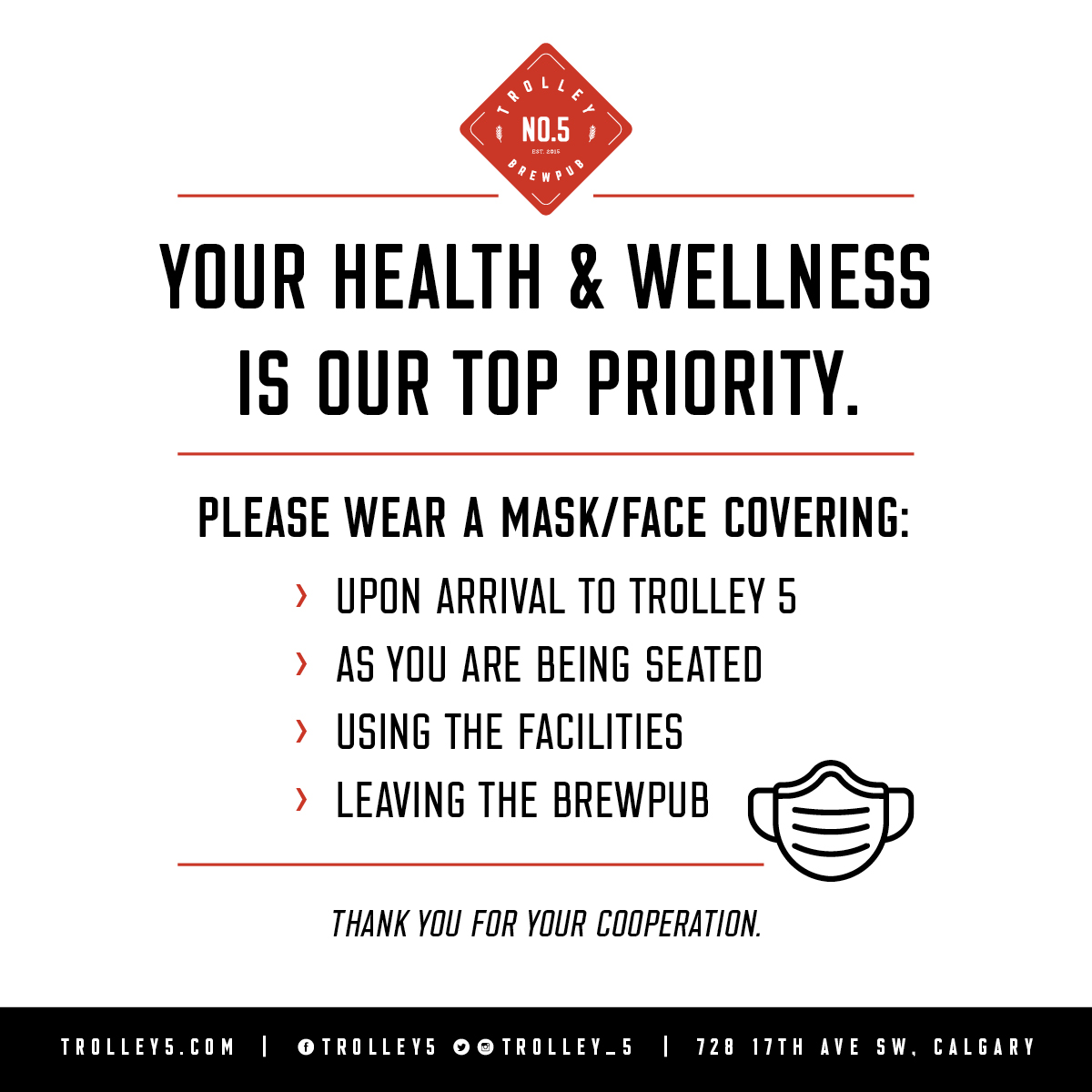 Trolley_5's tweet photo. Please read below. 
Starting on August 1, 2020, wearing a mask will be required from all guests visiting us at Trolley 5. 
The health, wellness, &amp; safety of our guests &amp; team is our top priority. 
We appreciate your cooperation, understanding &amp; patience. 
Team Trolley 5 🍻 https://t.co/GoERtEI1qw