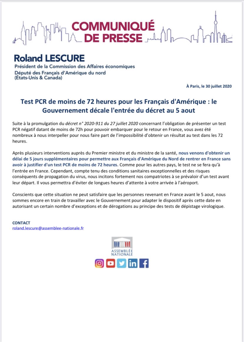 Roland Lescure On Twitter Derniere Minute Nous Venons D Obtenir Un Delai Jusqu Au 5 Aout Pour Permettre Aux Francaises Et Aux Francais D Amerique Du Nord De Rentrer En France Sans Avoir A