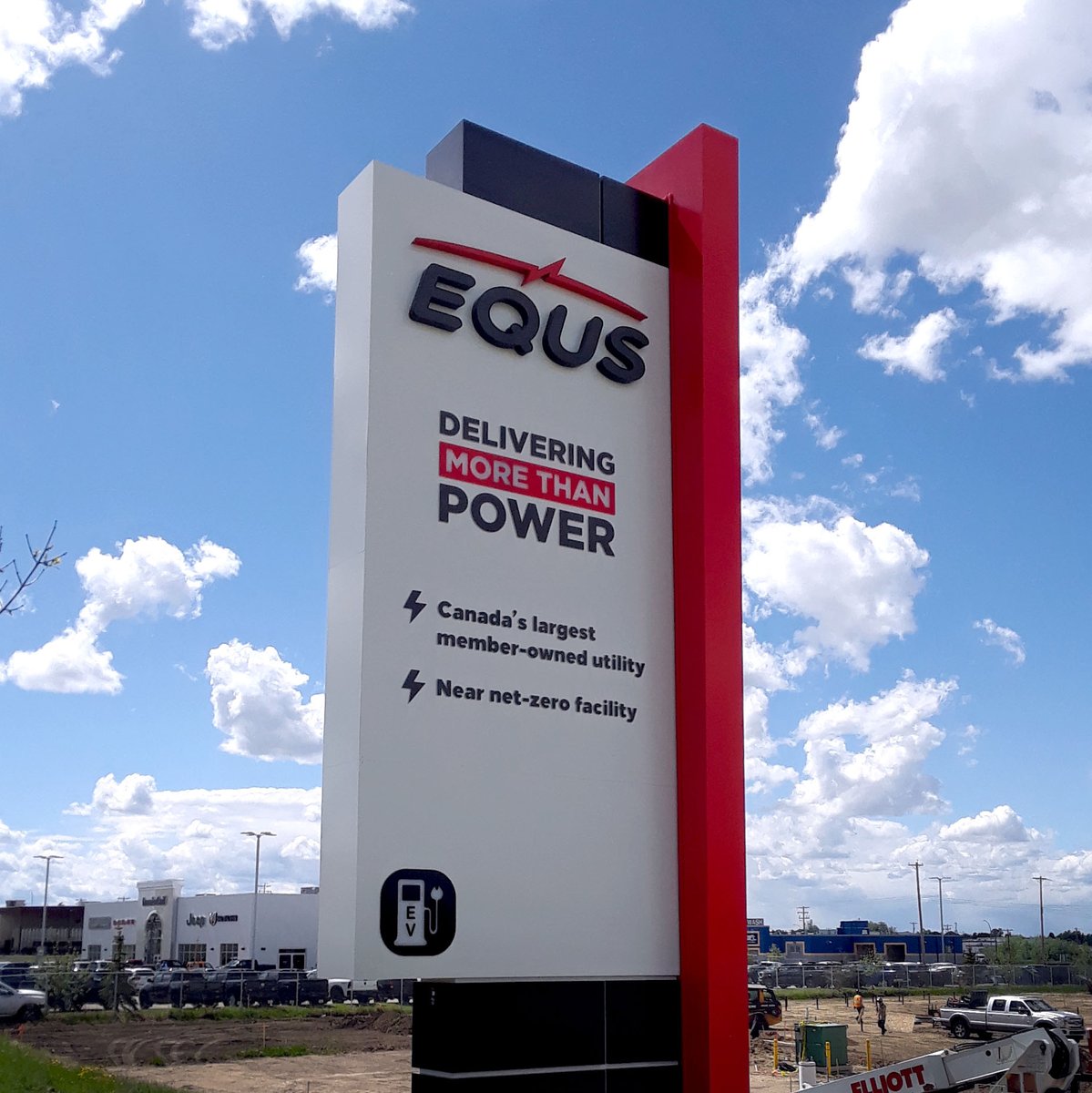CityImageSigns's tweet image. Our latest freestanding sign for Equs was designed to mimic the look of the building. The core of the sign is fabricated with intentional reveals, a cabinet sign with channel letters and push-throughs, and an LED rope lighting detail. 
#FreestandingSign #PylonSign #Innisfail