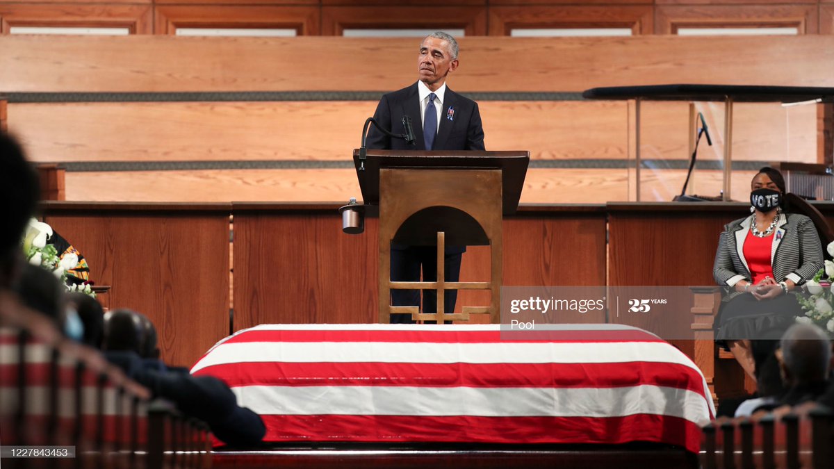 GettyImagesNews's tweet photo. Former President #BarackObama gives the eulogy at the funeral for the late Rep. #JohnLewis at Ebenezer Baptist Church in Atlanta, Georgia ๐ท: @AlyssaNo_L #TheBoyFromTroy #ConscienceOfTheCongress https://t.co/z6cmYEShdg