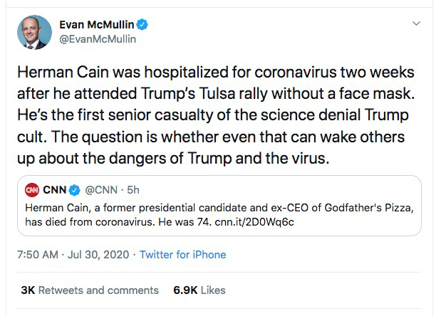 @EvanMcMullin says that you and I are responsible for the death of Herman Cain.Imagine the sheer putridity of the man's soul, that he could say such a thing.We all felt great respect and affection for Herman Cain.