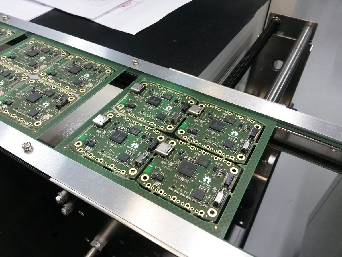 May 6: Twenty prototypes get assembled in Berlin by one of our contract manufacturers. Despite their fears regarding tombstoning all goes well and the assembled  @card10badge PCBs look great: