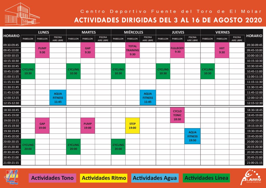 cdfuentedeltoro's tweet photo. 📣 Mañana último día de nuestra piscina cubierta 
📌 Presentamos nuestra parrilla de actividades dirigidas para primera quincena de agosto
🏋🏾‍♂️🏋️🏃🏼‍♀️🏃🏿🏊🏽‍♂️🏊🏿🚴🏻🚴🏼‍♀️
#piscinacubierta #actividadesdirigidas #agosto #fitness #cdelmolar #lidersport https://t.co/fGLY20Dsck