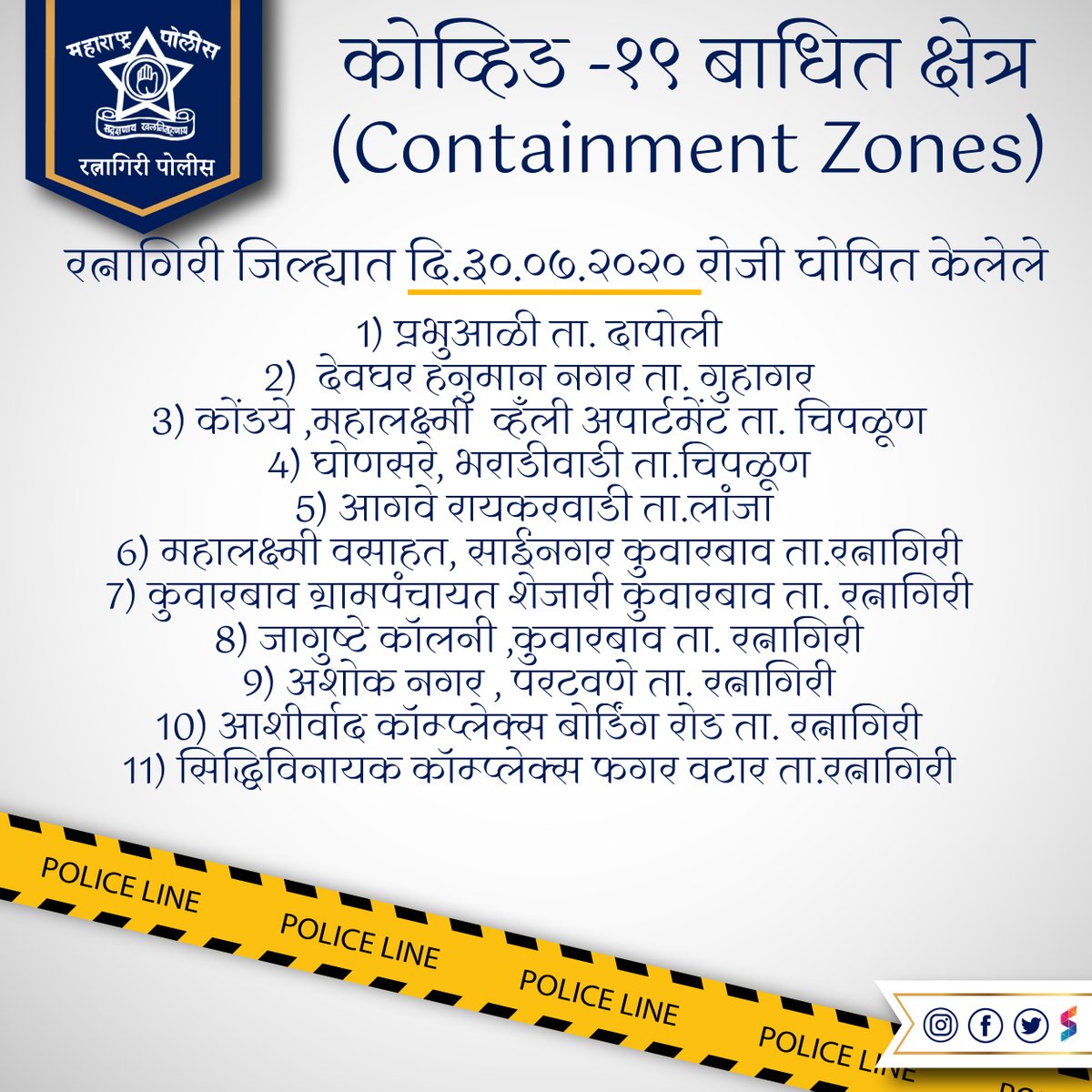 RatnagiriPolice's tweet photo. #Covid19 #ContainmentZones #Ratnagiri #30July2020

कोव्हिड -१९ बाधित क्षेत्र(Containment Zones) ची मुद्दत = १४ दिवस. https://t.co/8JG5Xl6ahL