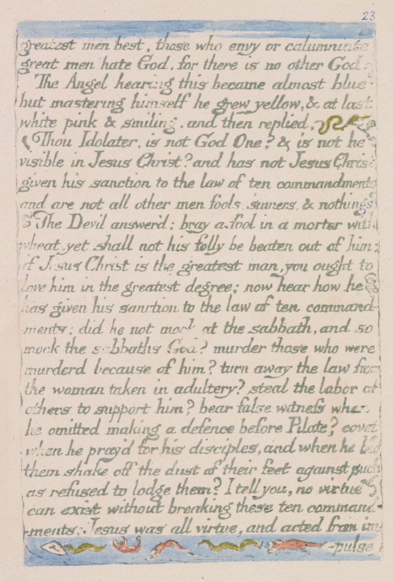 Blake_Society's tweet photo. Right, another #BlakeBookClub question while I put some pasta on! - On plates 22 to 24 a heated argument ensues between a Devil and an Angel. The former’s praise of human greatness wins out against the latter’s conventionally divine morality, and at the end the narrator… [1/2] https://t.co/QmUwJWU9il