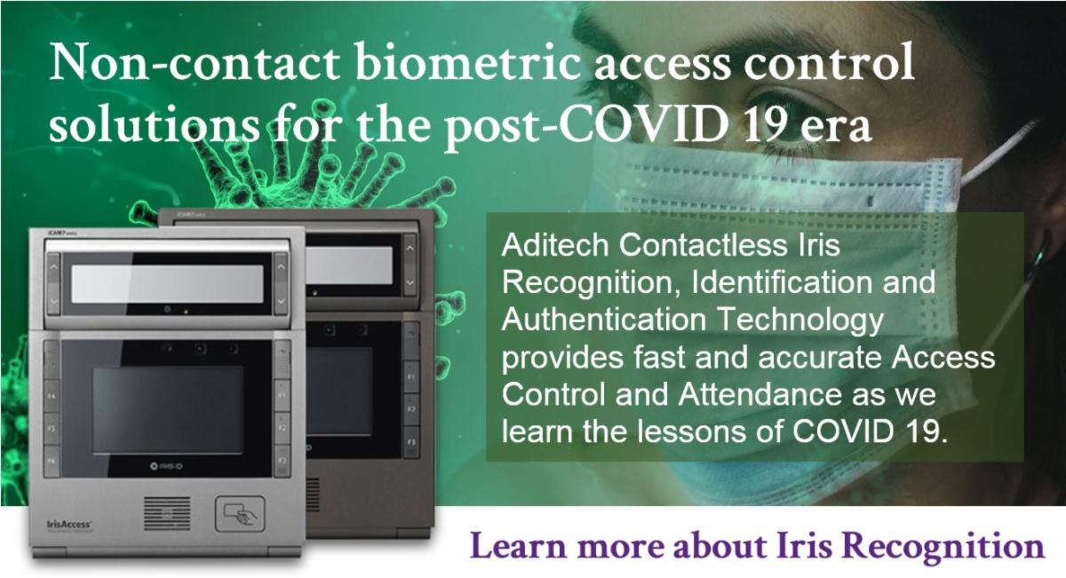 Contactless Access Control Mitigates COVID Risk.Non-Contact biometric access control solutions for the post-CIVID era. Aditech Contactless Iris Recognition technology provides fast accurate Access &amp; Attendance working with coronavirus PPE. conta.cc/31xXlVM