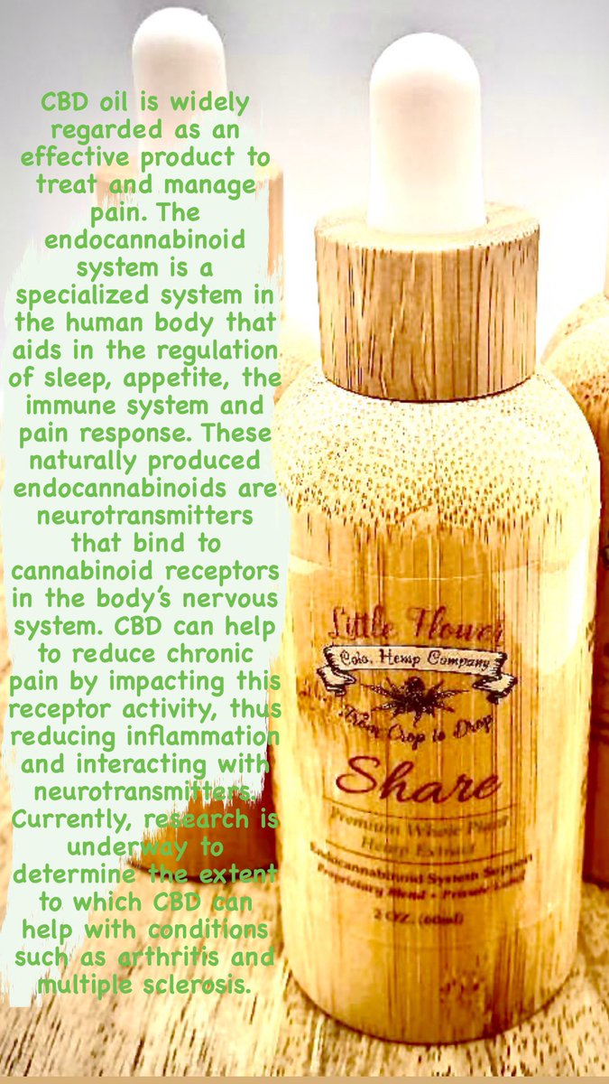 LittleFlowerHe1's tweet photo. CBD oil is widely regarded as an effective product to treat and manage pain. The endocannabinoid system is a specialized system in the human body that aids in the regulation of sleep, appetite, immune system and pain response. #hempheals #hemphealth #cbdhealth #CBD #cbg #delta8 https://t.co/W4bj168hsK
