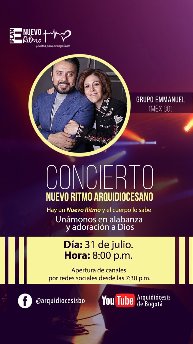 ¡¡El 31 de julio tendremos el  gran concierto de alabanza y adoración a Dios!! Conoce a los cantantes y grupos que están con el #NuevoRitmoPlanE. Transmitiremos desde nuestra Fan Page. 
<a href="/arquidiocesisbo/">Arquidiócesis de Bogotá</a>