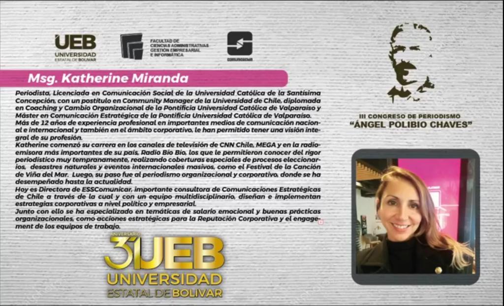 KYazamu's tweet photo. Arranca la segunda jornada del segundo día del. #IIICongresoPeriodismoUEB “Ángel Polibio Chávez”. Con Katherine Miranda con su tema:
 “La magia del periodismo internacional”
#PeriodismoUEB2020 
@UniversidadB 
@edualban1 https://t.co/GtkjSw4gBM