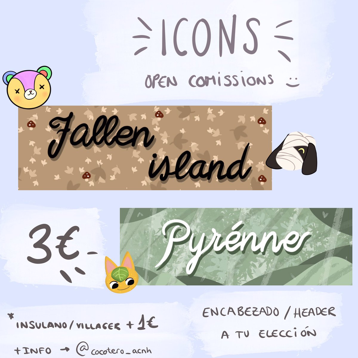 cocotero_acnh's tweet photo. Holii!✨Soy estudiante de arte y he decidido abrir comisiones de icons y encabezados😊
Podéis hablarme y preguntarme cualquier cosa por DM sin ningún compromiso🤗
Si me ayudais con un RT porfi🧡
#acnh #AnimalCrossingNewHorizons #nintendoswitch #acnhicon #acnhcomissions #acnhart https://t.co/q3qL4uwdXw