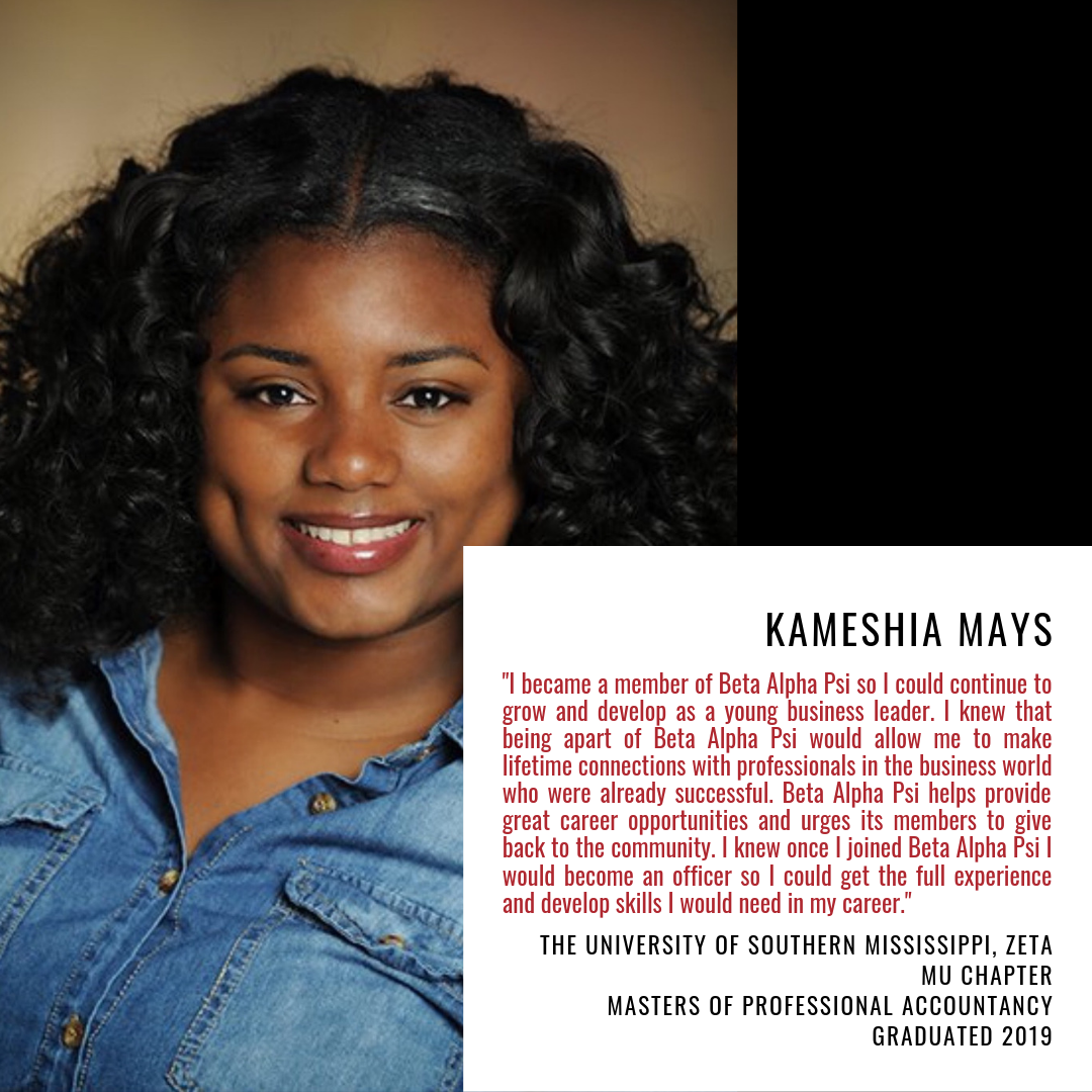 _BetaAlphaPsi's tweet photo. Throughout the year we will be spotlighting some of our Beta Alpha Psi student members! Today we are spotlighting Kameshia Mays. Be sure to follow along with #BAPStudentSpotlight https://t.co/DtsoPlbJPl
