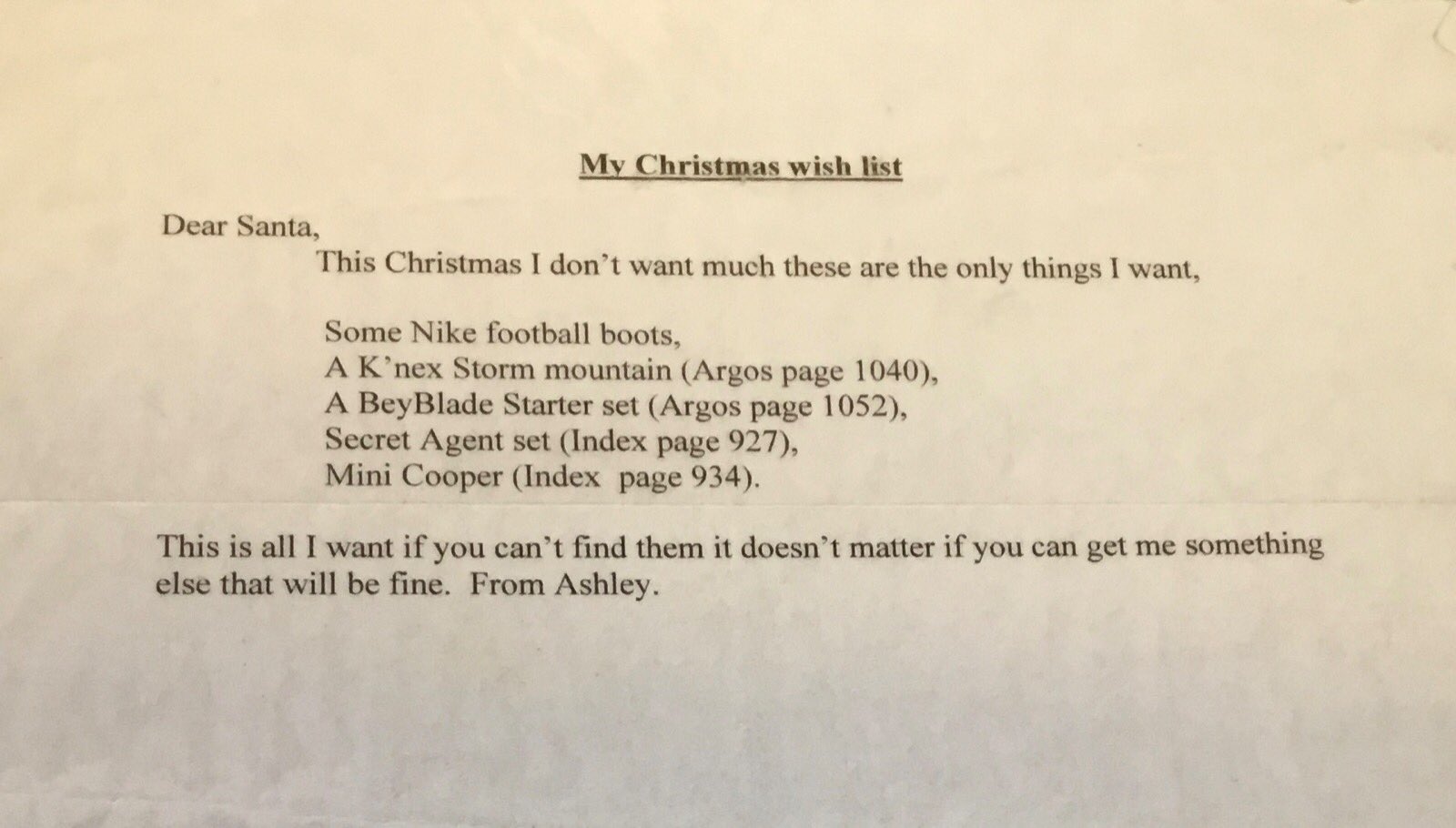 Ashley Francis-Roy Twitter: My childhood letter to Santa including Argos catalogue page numbers 😂 https://t.co/mW4NgzBCKi" / Twitter