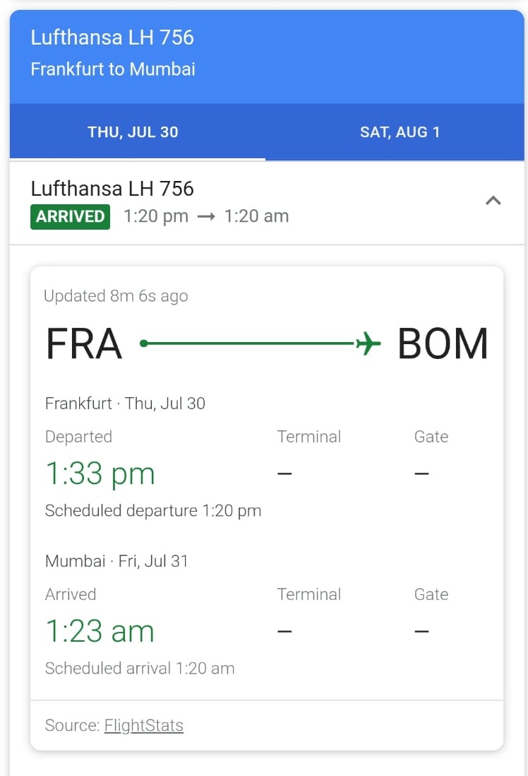 krunalbosamia's tweet photo. @CSMIA_Official Can you please confirm the arrival of flight LH 756 Lufthansa - Frankfurt to Mumbai. Arriving Mumbai on July 31, 2020. We couldn't find this flight on csmia website under flight status. @Lufthansa_India @lufthansa https://t.co/FCc7bY6wzF