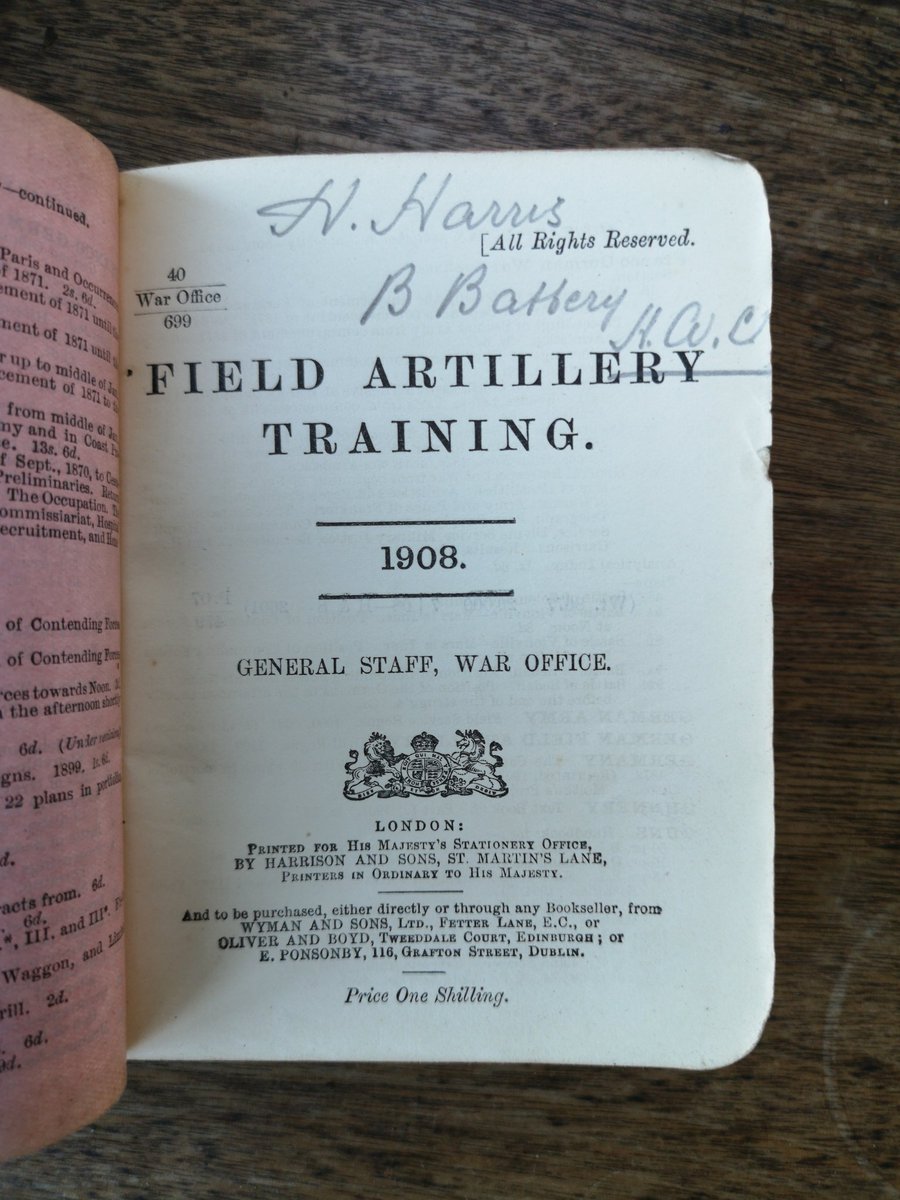 Major Harris kept many Field Service Regulation books dating 1905 to 1909, many annotated by him including 'Field Artillery Training' 1908 & 'Calvary Training' 1907. Of particular interest is his 'Officer's Record of Services' book showing his promotion to 2nd Lieut... 6/9