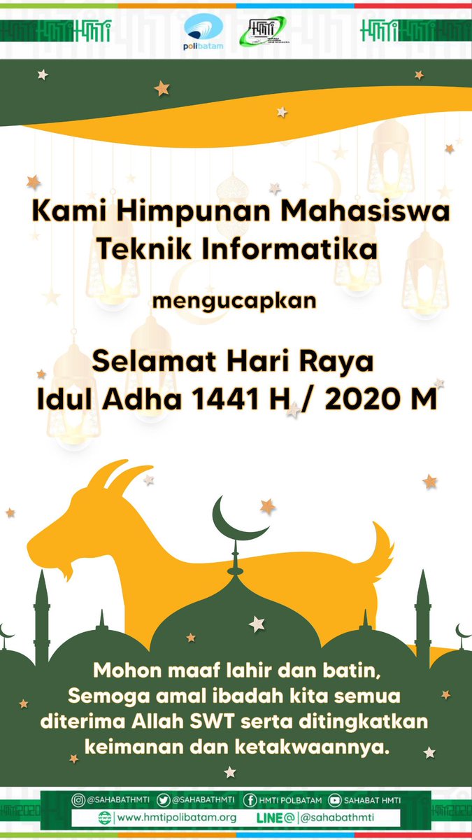 sahabatHMTI's tweet photo. Selamat Hari Raya Idul Adha 1441 H
.
Kami Himpunan Mahasiswa Teknik Informatika mengucapkan Selamat Hari Raya Idul Adha 1441 H, Mohon maaf lahir &amp; bathin semoga amal ibadah kita semua diterima Allah SWT serta ditingkatkan keimanan dan ketakwaannya.
#SalamInformatika
#KeepSpirit https://t.co/WoVKaXsU3O